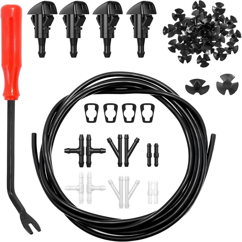 BubabyZZ Windshield Washer Nozzles Kit, Windshield Washer Hose Kit with 4M Washer Fluid Hose, 4pcs Sprayer Nozzles & Gasket, 12pcs Connectors, 30 pcs Hood Retainers and 1 Tool Suitable for Most Car - Image 1